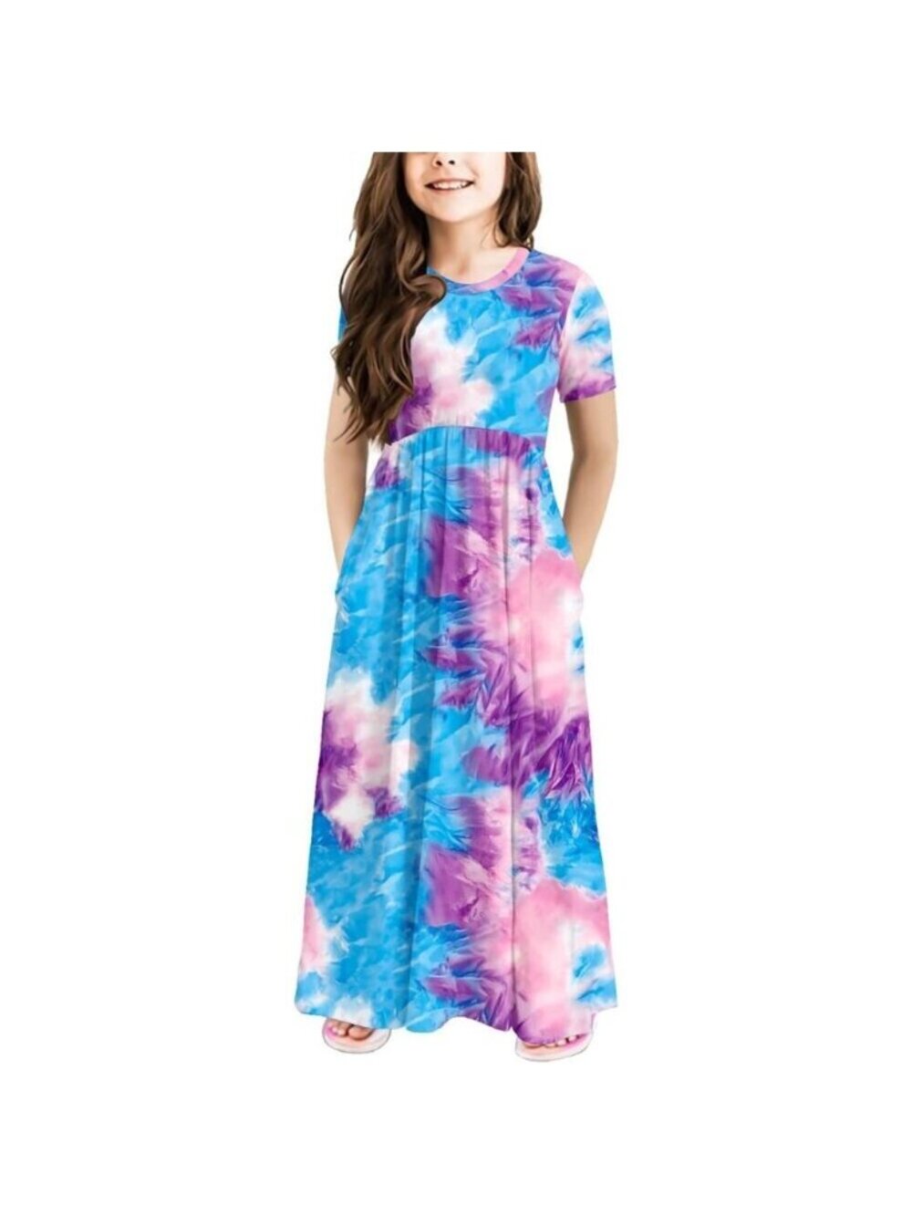 🆕Girls Tie Dye Dress Kids Short Sleeve Casual Loose Fit Maxi with Pockets
